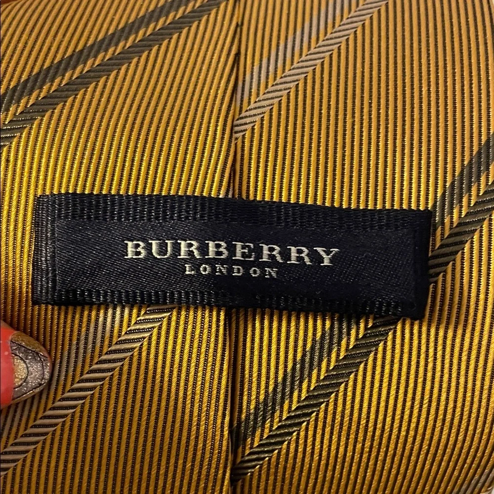 Burberry London Gold Yellow Striped and Logo Silk Necktie Tie